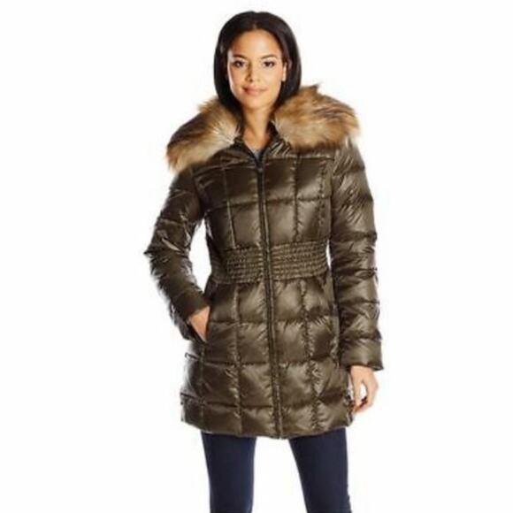 Laundry by Shelli Segal Women Dark Olive Faux Fur Peplum Winter Puffer Jacket XL - Picture 1 of 6